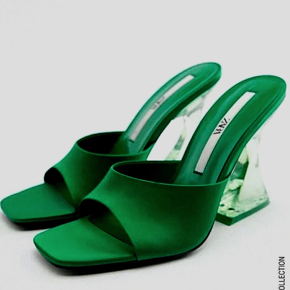 Satin Green Perspex Clear Heels